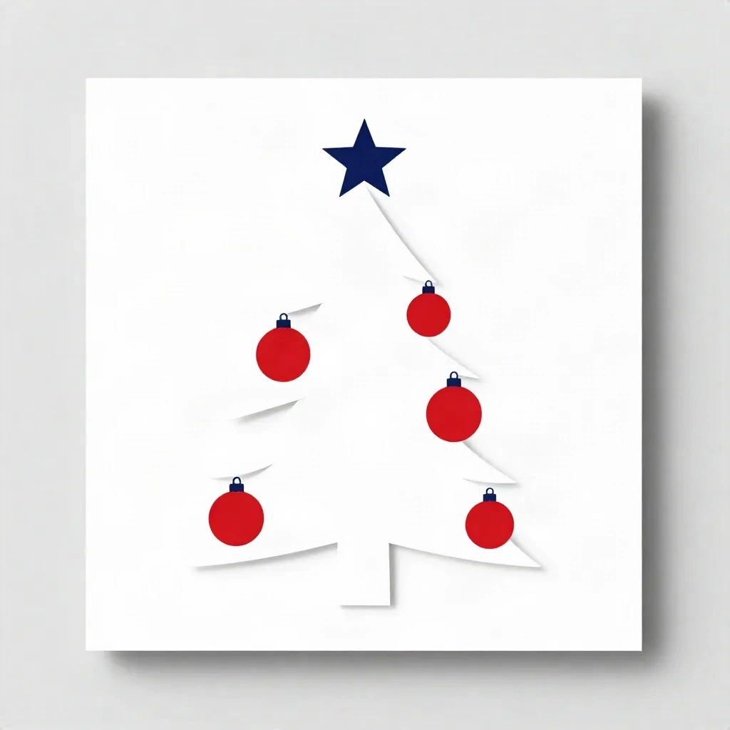 Minimalistisches skandinavisches Weihnachtskarten-Design mit geometrischer Fichte und matten roten Ornamenten