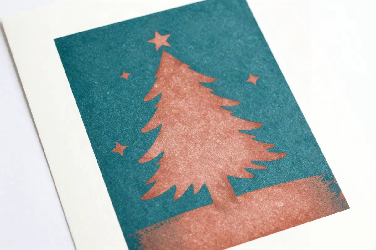 Risograph print christmas card with teal and terracotta abstract pine tree design