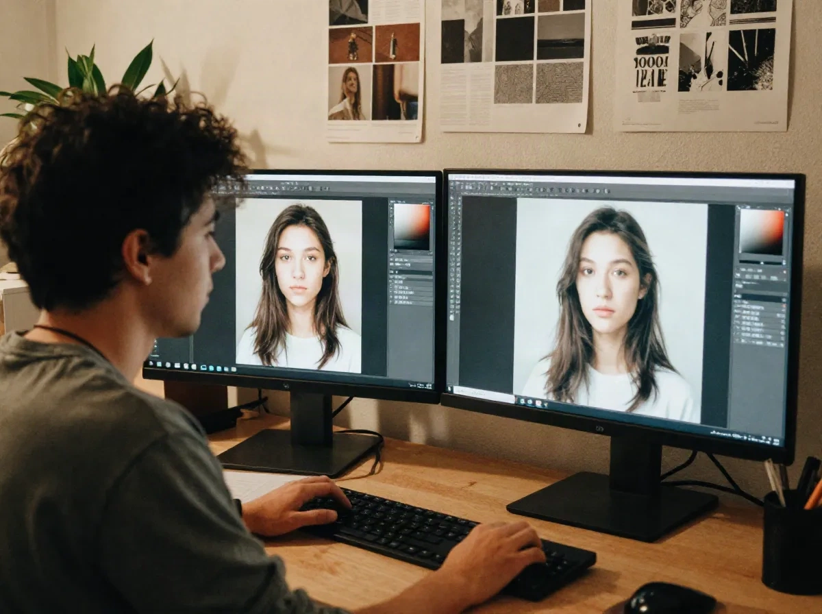 Director de arte comparando un retrato AI still con su versión de video animado en monitores duales