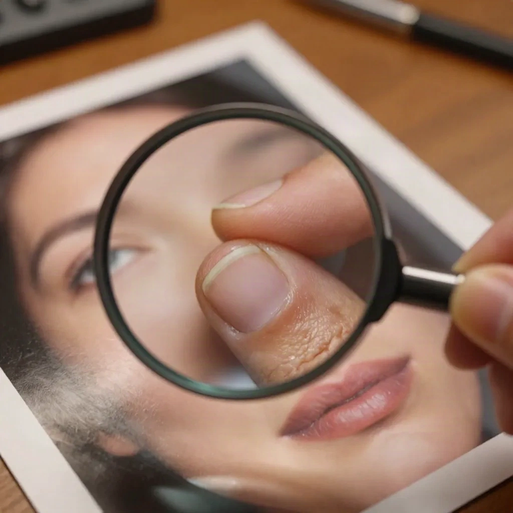 Loupe over a glossy portrait print inspecting skin and fingers