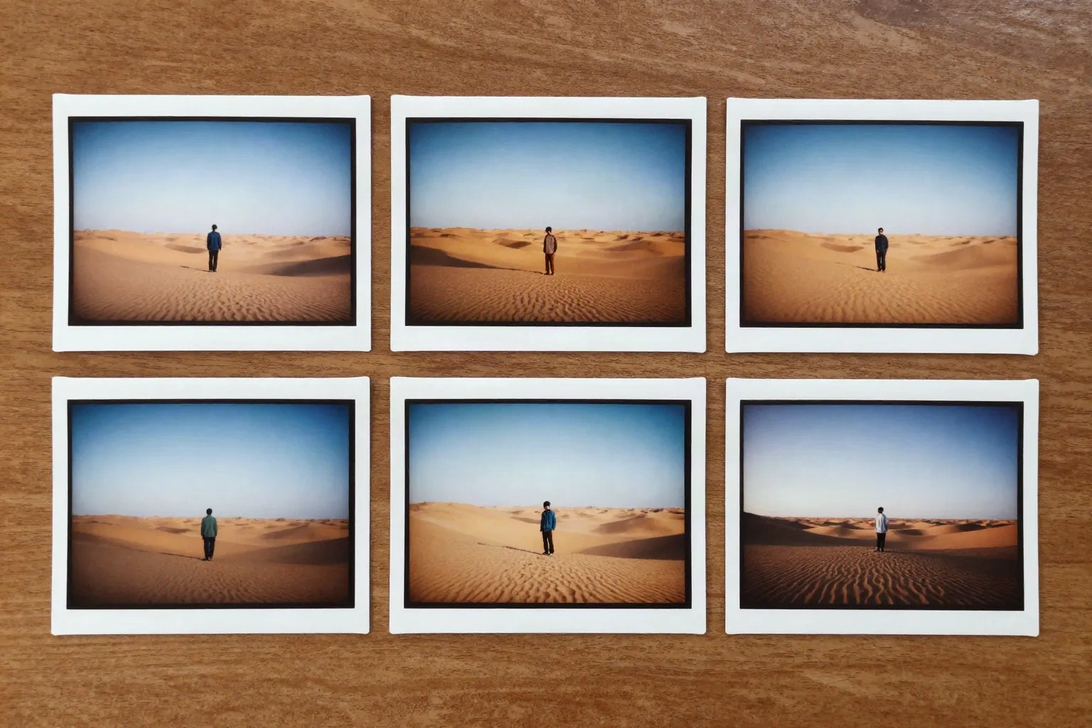 Six instant prints of the same lone figure in a desert, testing lighting consistency across scenes
