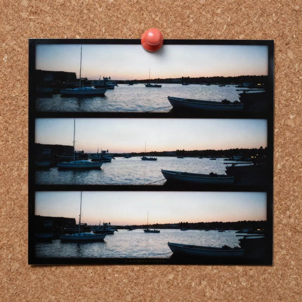 Tira de contacto com três fotogramas quase idênticos de um porto, presos numa cortiça, com pequenas mudanças entre eles