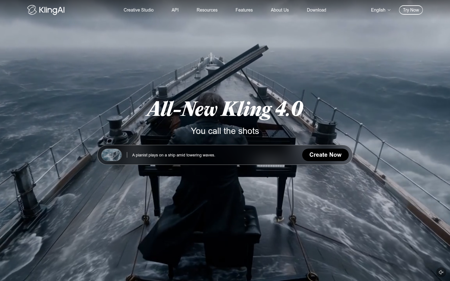 Kling AI homepage showing the Kling 4.0 launch hero, October 2026