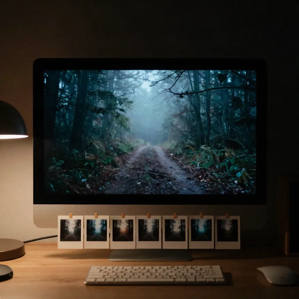 Monitor com um fotograma de floresta enevoada em pausa e uma fila de polaroids por baixo
