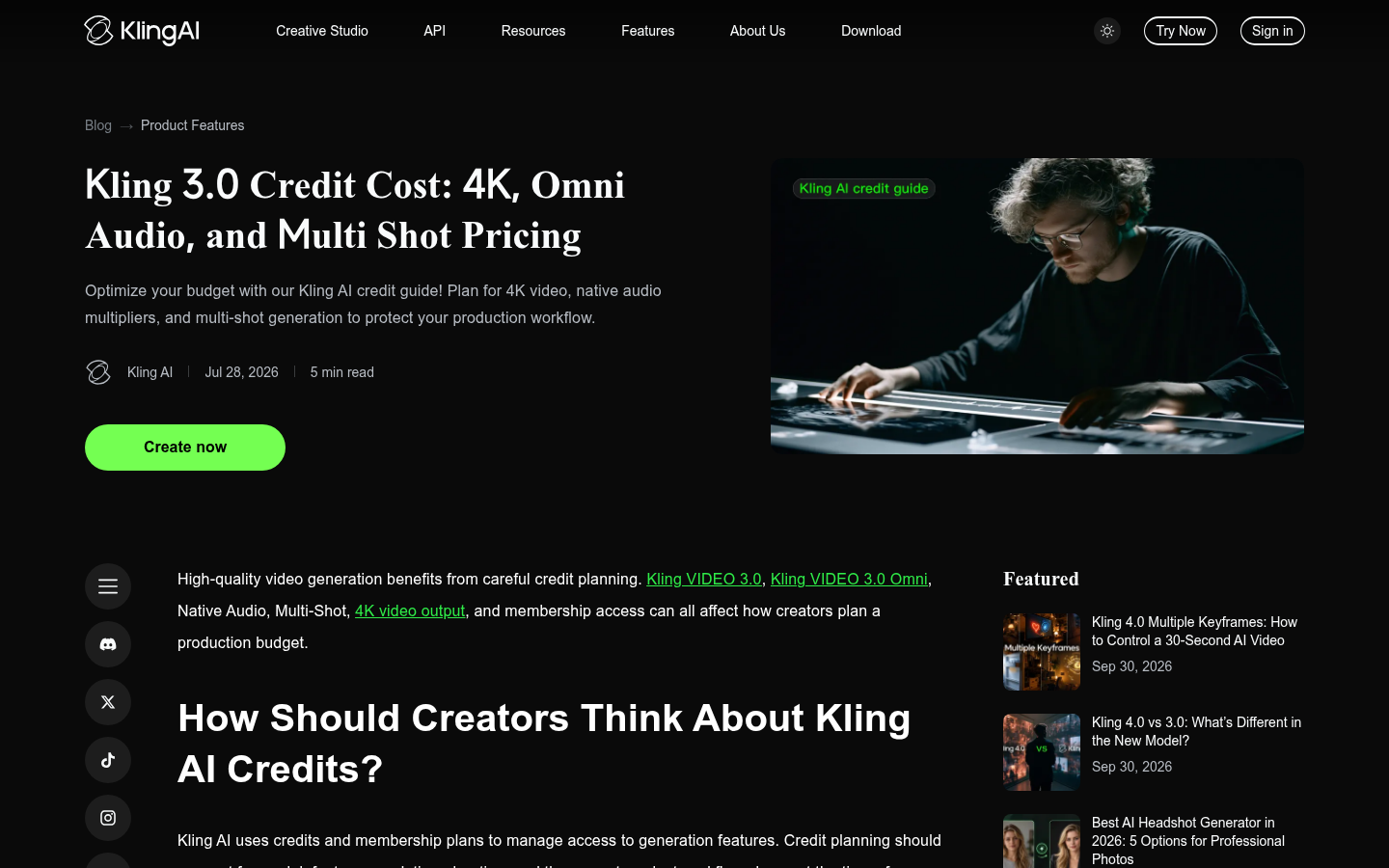 Guia oficial de custos de créditos do Kling para o Kling 3.0, com 4K, áudio Omni e multi-plano