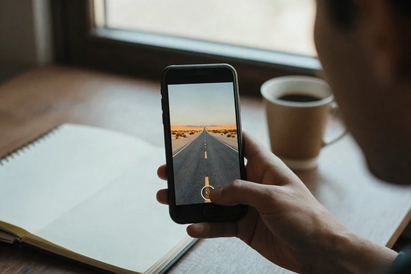 Art director che tiene in mano un telefono con un fotogramma di un breve video AI di una strada nel deserto all'ora d'oro