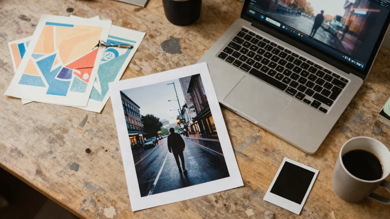 Stampa di una fotografia di strada su una scrivania consumata, accanto a un laptop con una timeline video in pausa