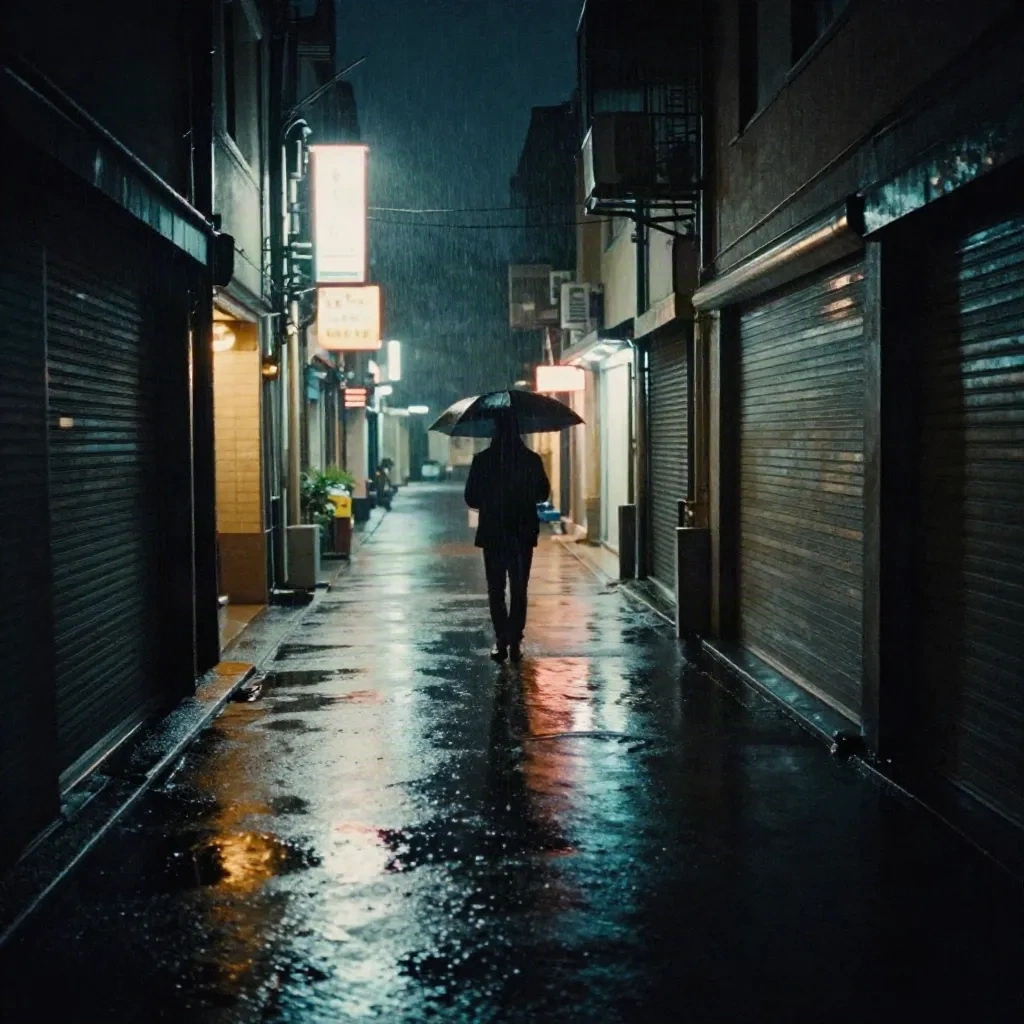 Einsame Figur mit Regenschirm, die eine regnerische Neon-Gasse in der Nacht hinuntergeht, Kino-Frame