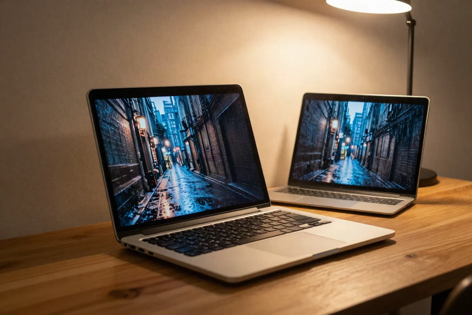 Two laptops on a desk both showing a rain-soaked neon alley scene