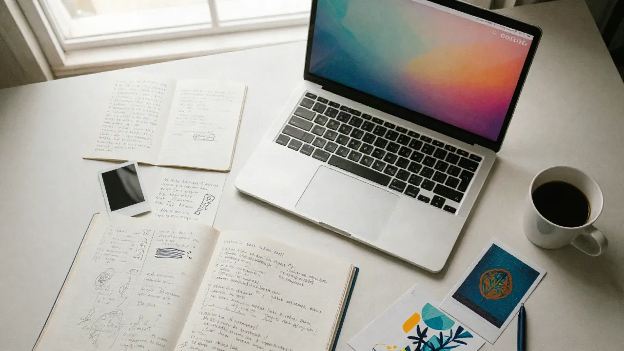 Schreibtisch mit Laptop, Karteikarten und Riso-Zine zum Schreiben von Flux Prompts
