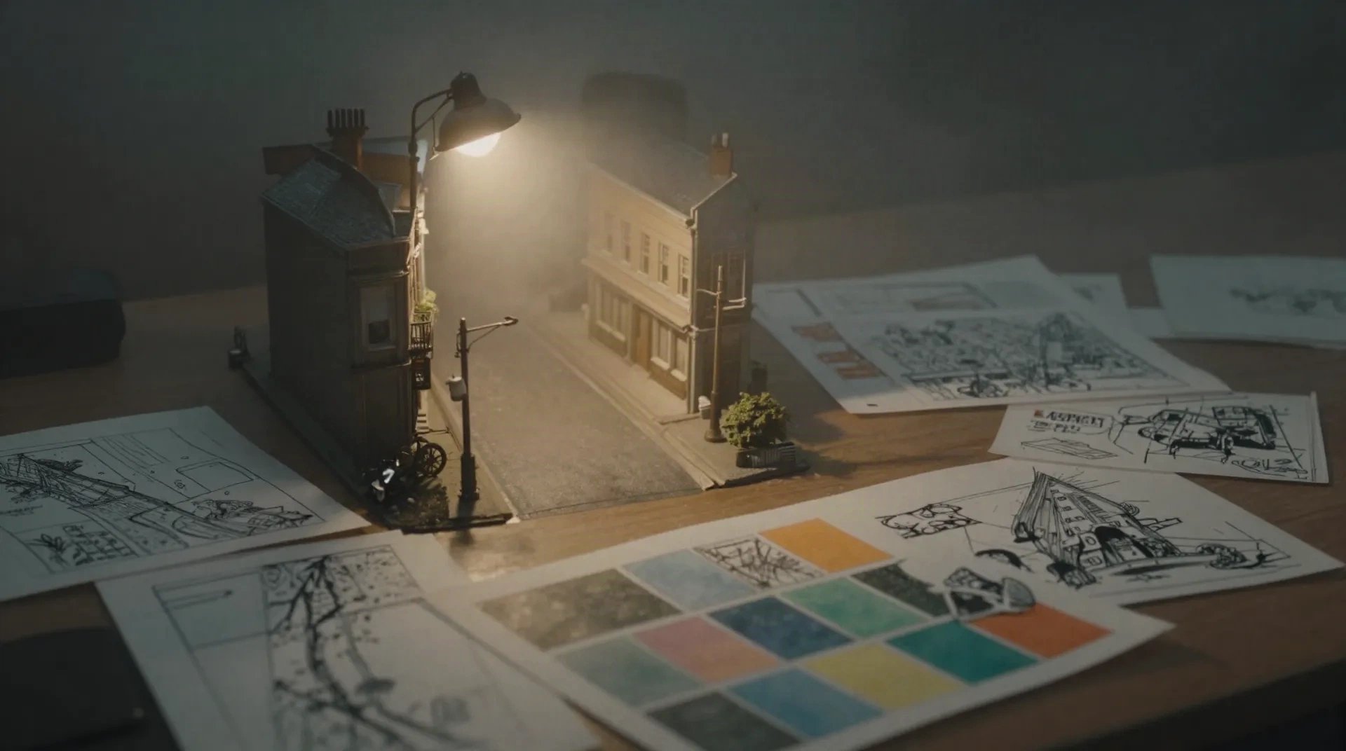 Miniature foggy street lit by a desk lamp among storyboard sketches and color swatches