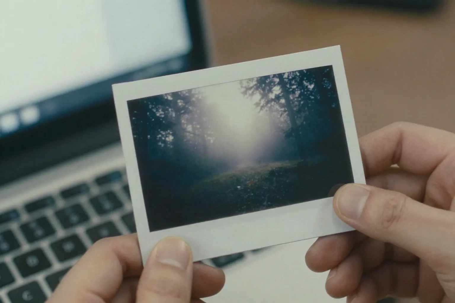 Hands holding an instant print of a foggy forest scene above a laptop keyboard