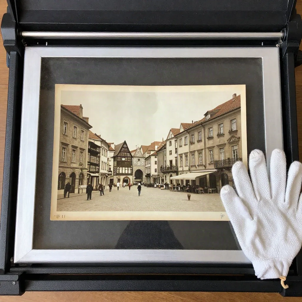 Gekreukte vergeelde straatfoto op een open flatbedscanner