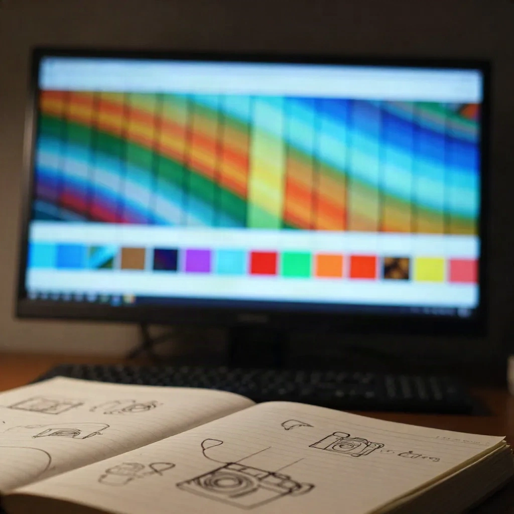Unscharfe Video-Editing-Timeline auf einem Monitor über einem Notizbuch mit Kamerawinkel-Skizzen