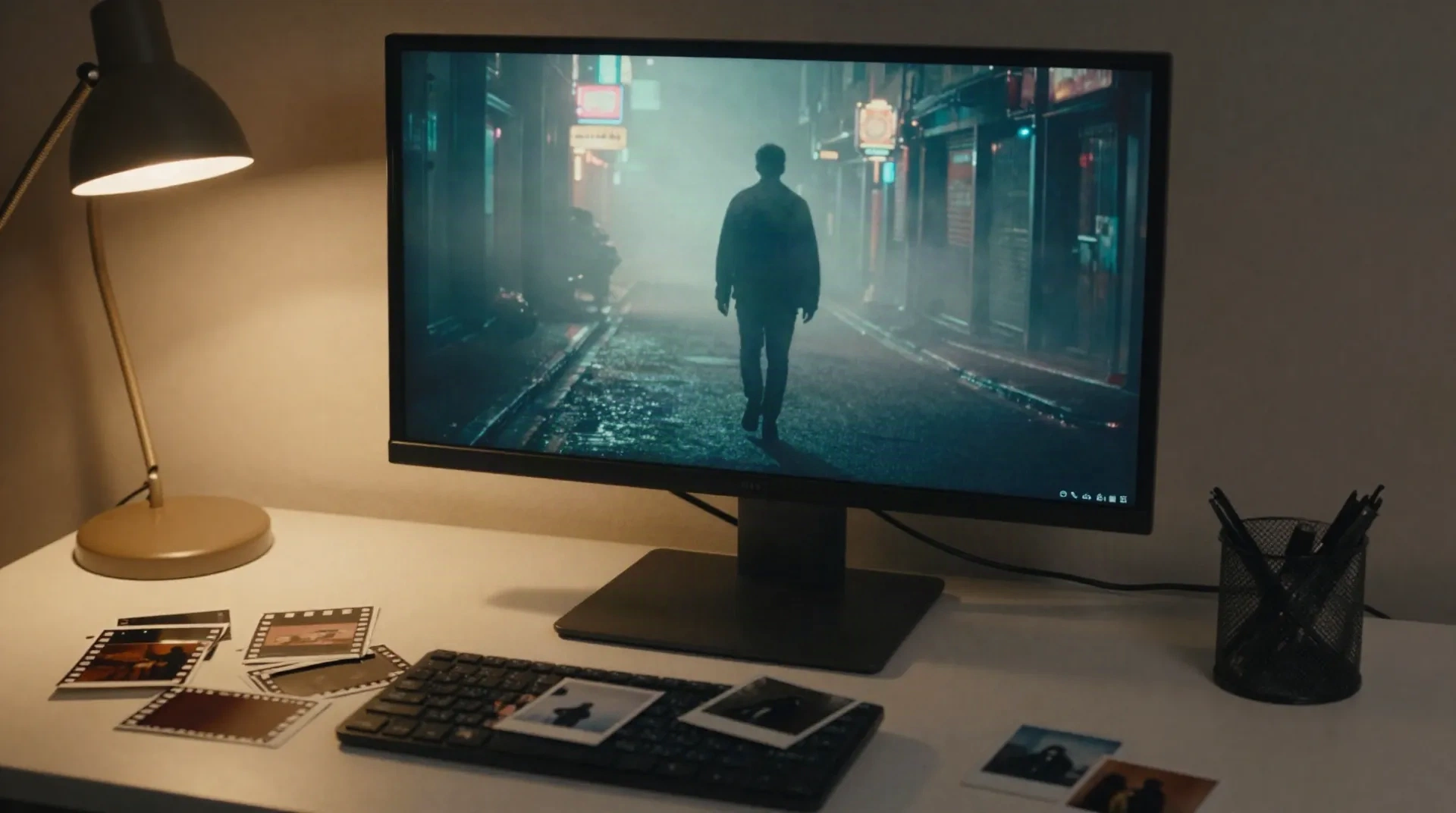 Monitor con un fotograma de video IA cinematográfico de una figura en una calle de neón con niebla, con tiras de película y Polaroids sobre el escritorio