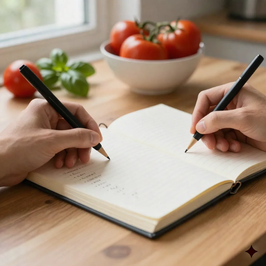 Hands writing structured notes in notebook on kitchen table with tomatoes and basil