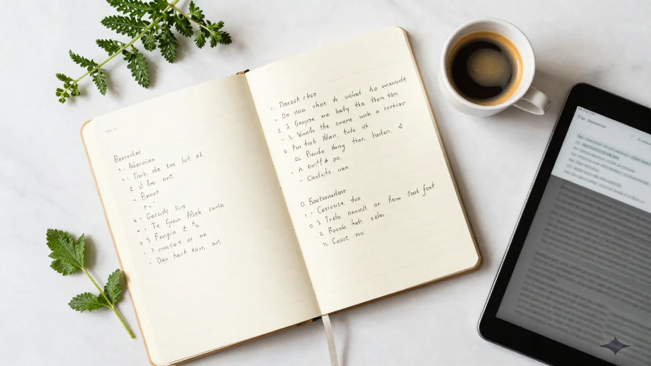 Notebook with cooking notes and espresso on marble counter, Mediterranean kitchen