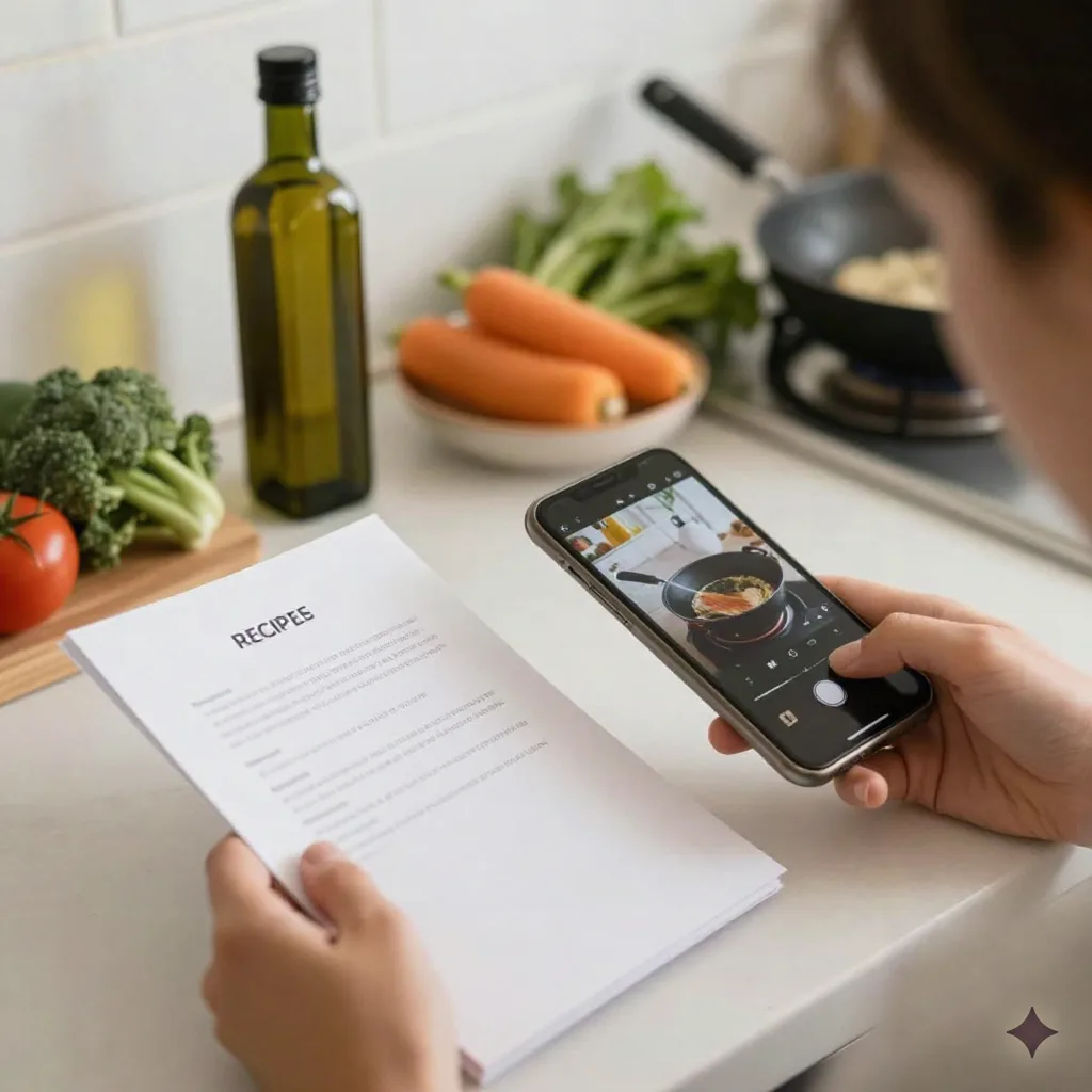 Person reading recipe card next to paused cooking video on phone, kitchen counter