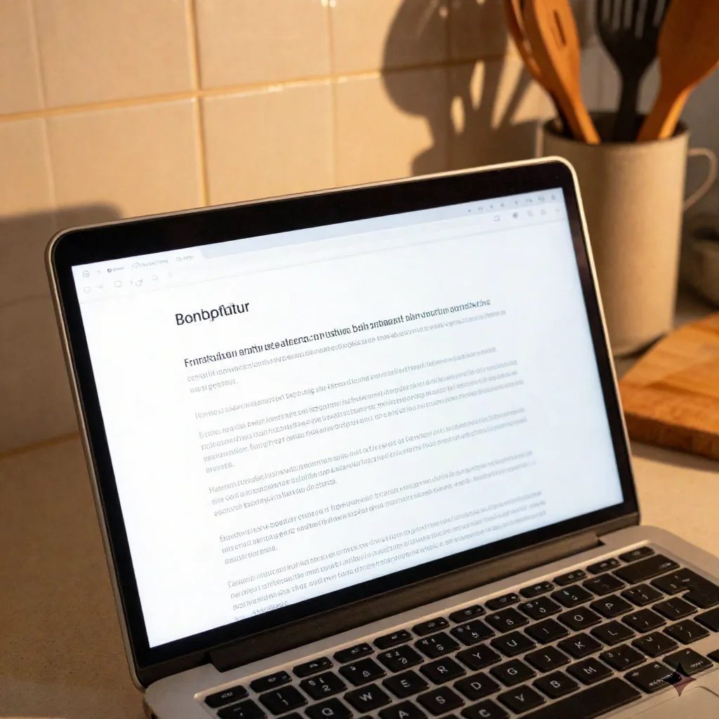 Laptop showing clean text summary document alongside cookbook and kitchen utensils