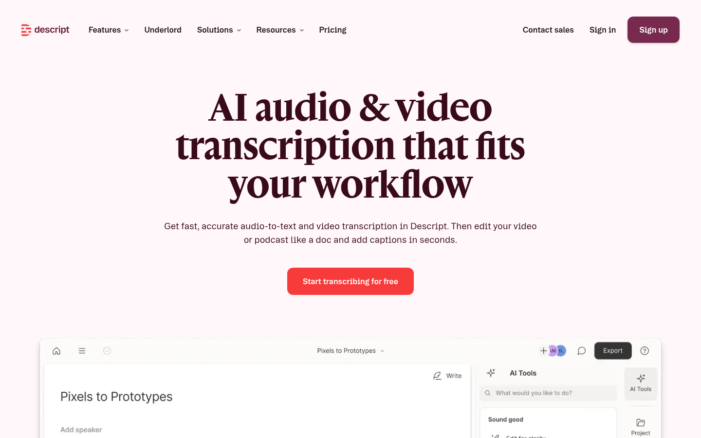 Page de fonctionnalité de transcription IA de Descript