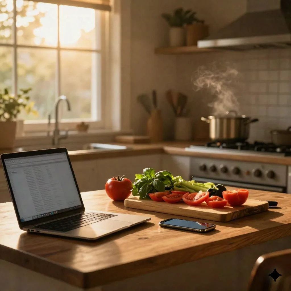 A cozy evening kitchen at golden hour with a closed laptop, a glowing phone, and vegetables being prepped