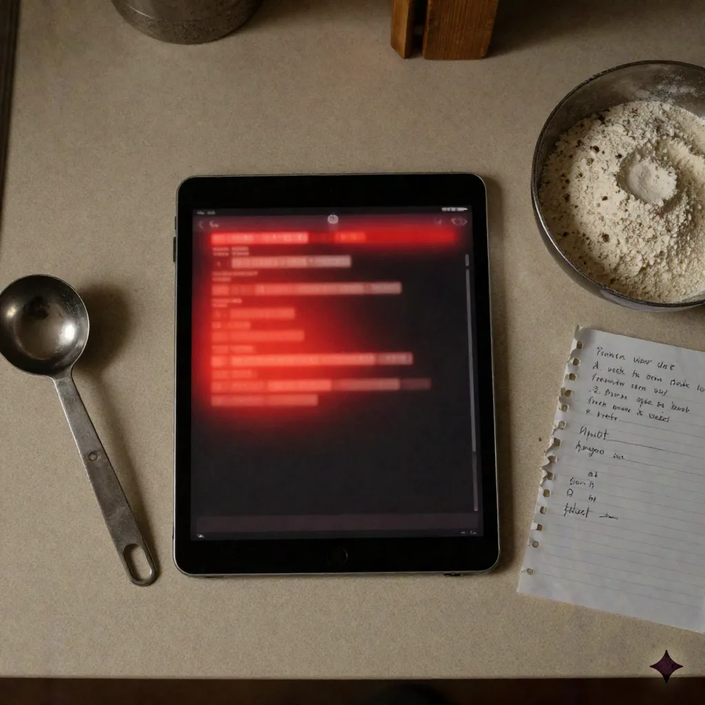Overhead flat-lay of a tablet with a blurred error highlight next to measuring spoons and flour on a kitchen counter