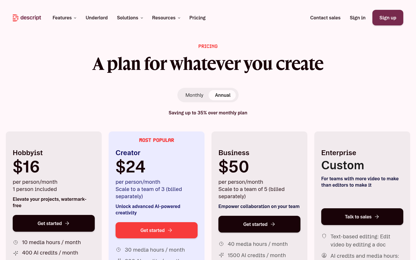 Page tarifaire Descript avec paliers Gratuit, Hobbyist, Creator, Business et Enterprise