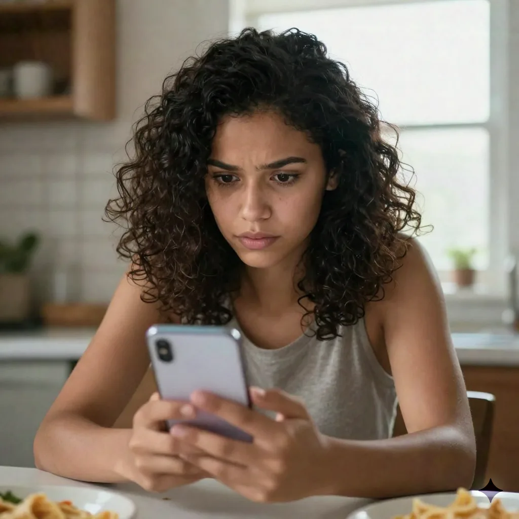 A woman looking skeptically at her phone screen at a kitchen table beside a bowl of pasta