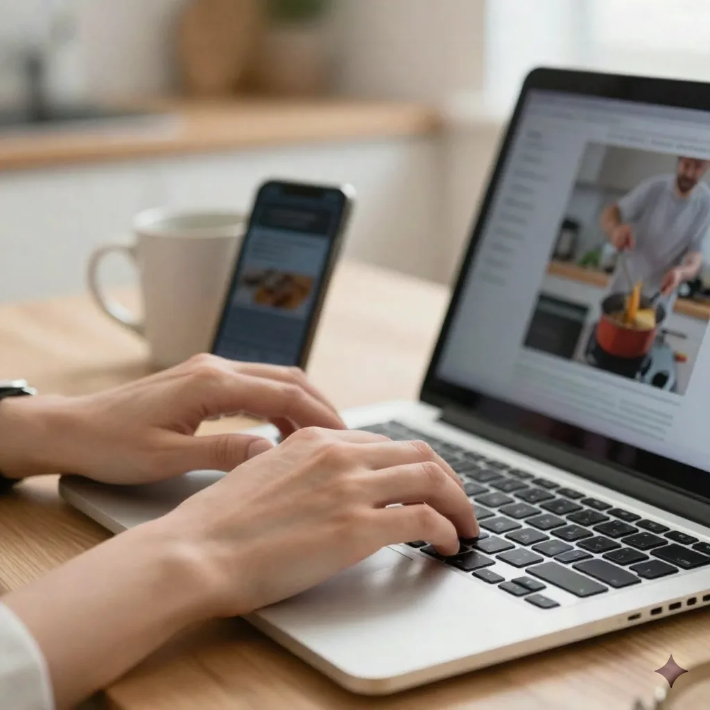 Close-up of hands typing on a laptop at a kitchen table with a phone showing a paused cooking video in the background