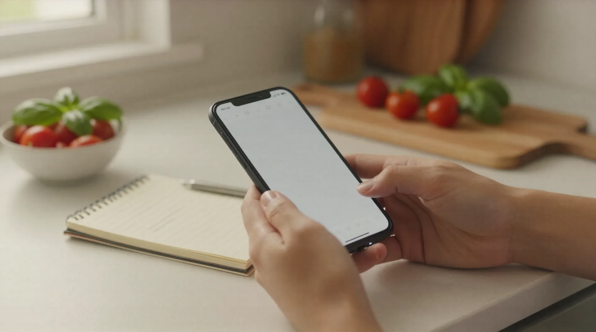 Hands holding a phone at a Mediterranean kitchen counter next to fresh tomatoes and basil, screen blurred
