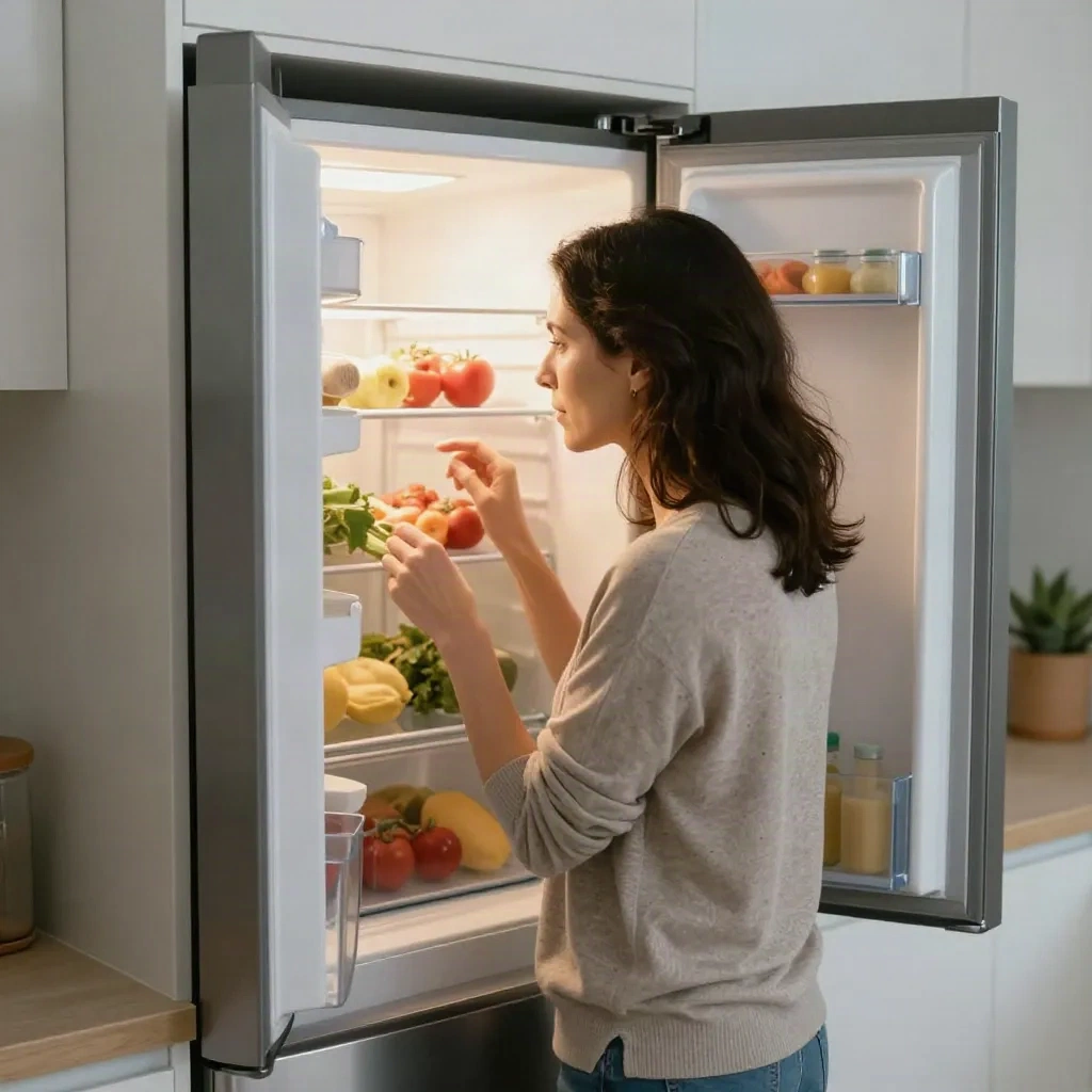 Woman looking into open fridge wondering what to cook for dinner