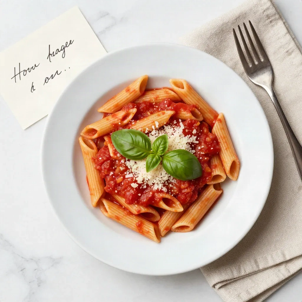 Vue aérienne de pâtes sauce tomate et basilic frais, avec une fiche de notes manuscrite à côté