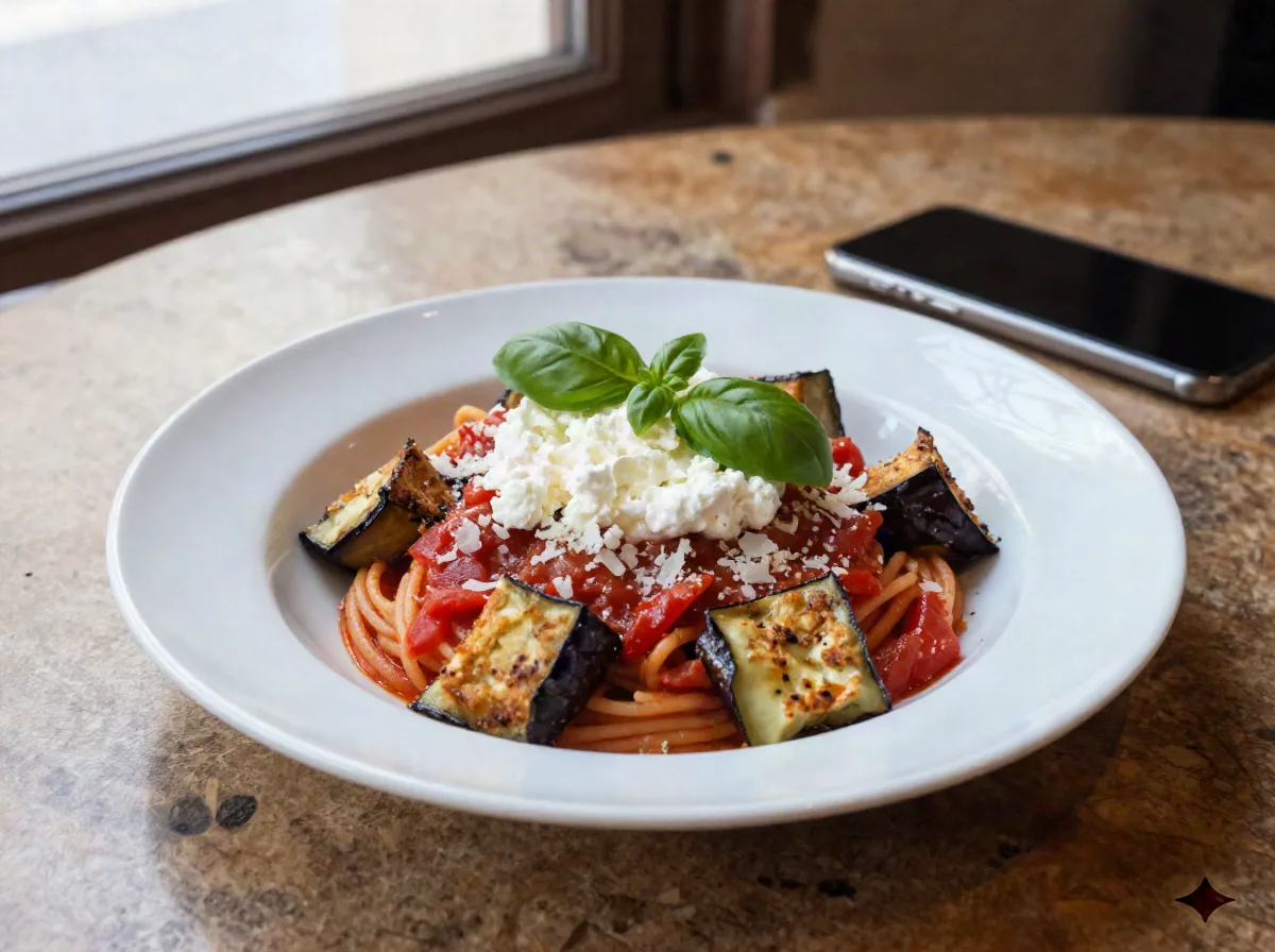 Tallrik Pasta alla Norma med stekt aubergine, tomatsås och riven ricotta salata, mobil liggande bredvid