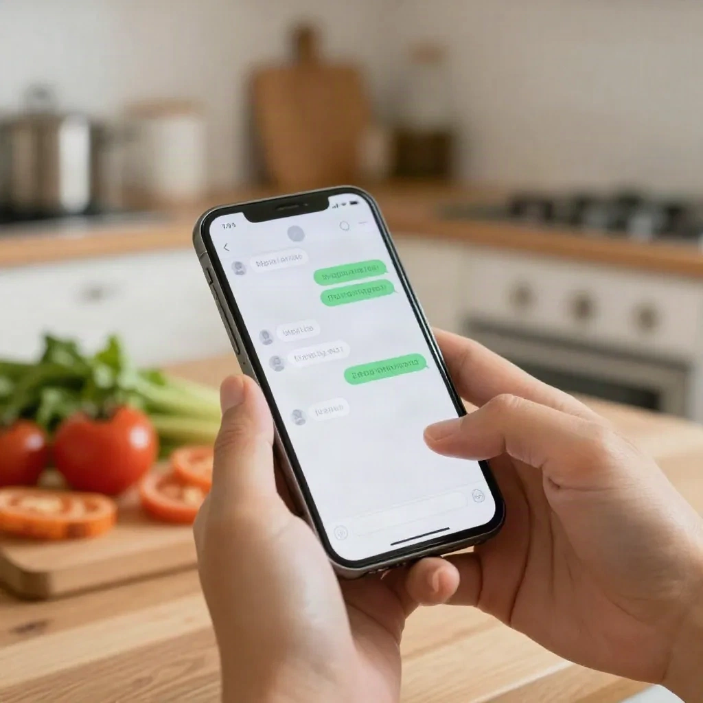 Hands holding smartphone with AI recipe chat in a kitchen setting