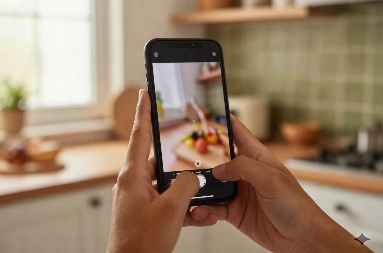 Hands holding a phone paused on a short-form cooking video in a bright kitchen