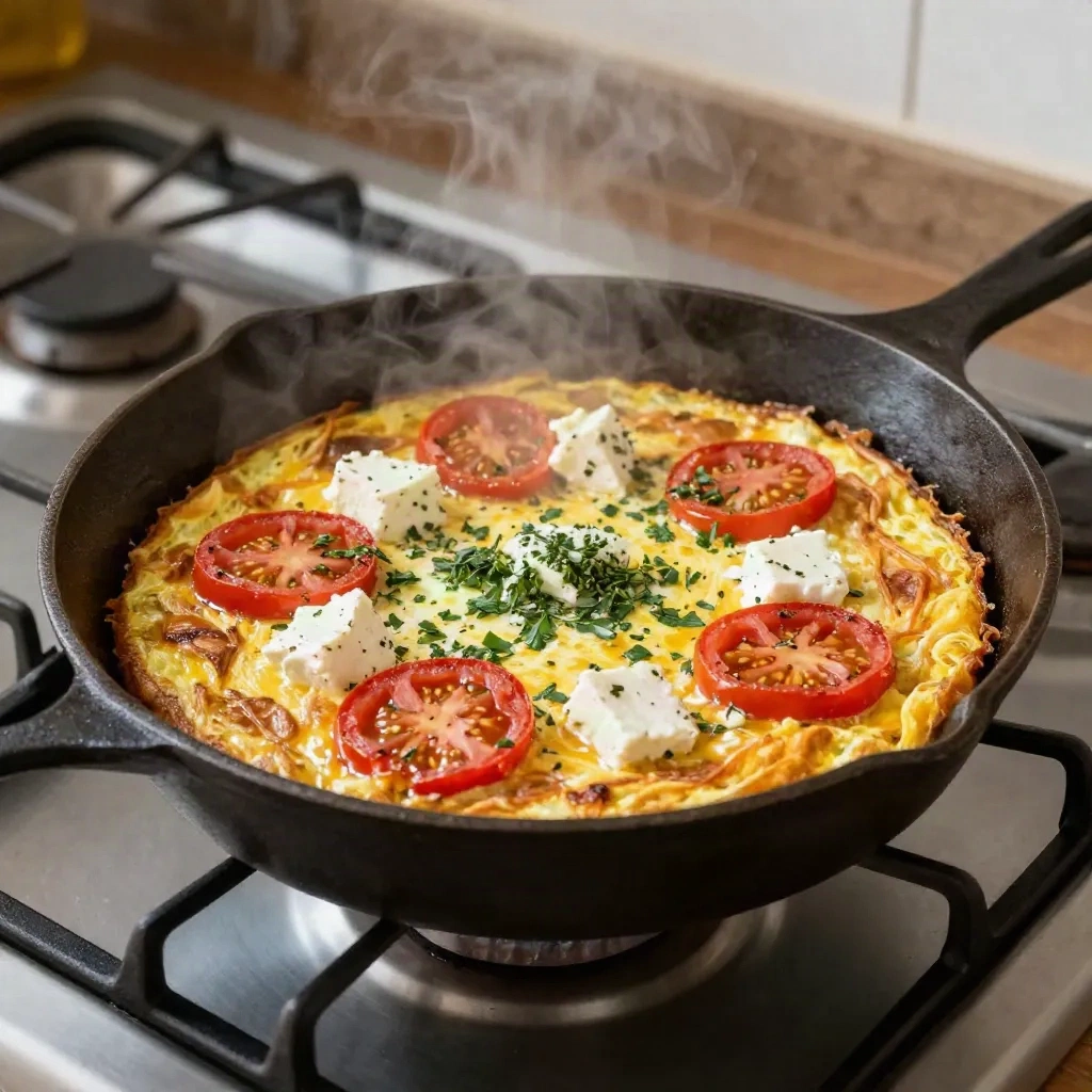 Mediterranean frittata with tomatoes, herbs and feta cooking in a cast iron pan