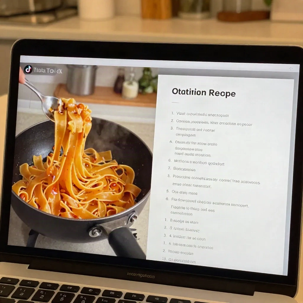 Laptop screen showing AI agent converting a TikTok cooking video into a structured recipe card