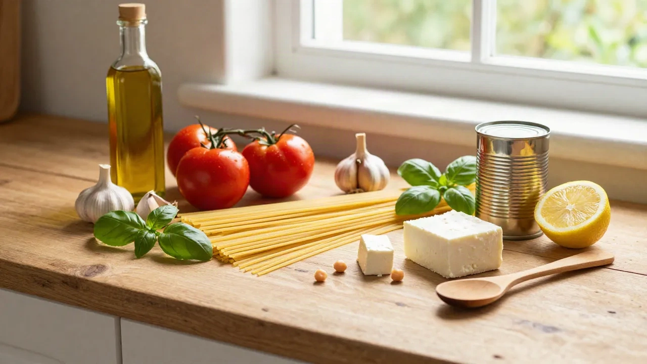 Mediterranean pantry with olive oil, tomatoes, pasta, chickpeas, feta and fresh herbs on a wooden counter
