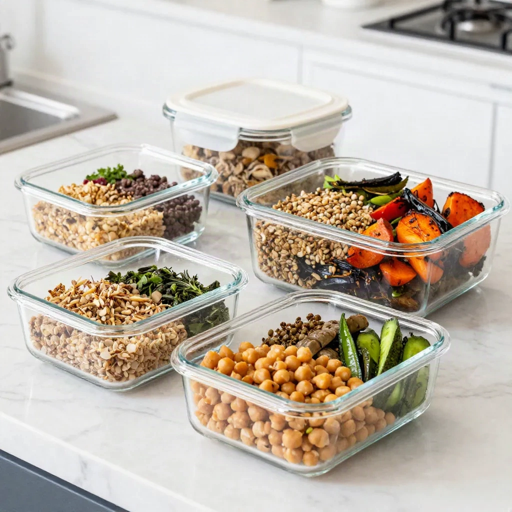 Potes de vidro com bowls mediterrâneos de grãos para refeições preparadas com antecedência
