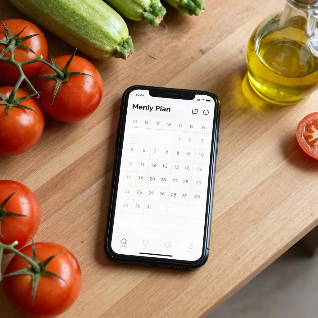 Overhead view of smartphone showing AI-generated weekly meal plan surrounded by fresh Mediterranean vegetables