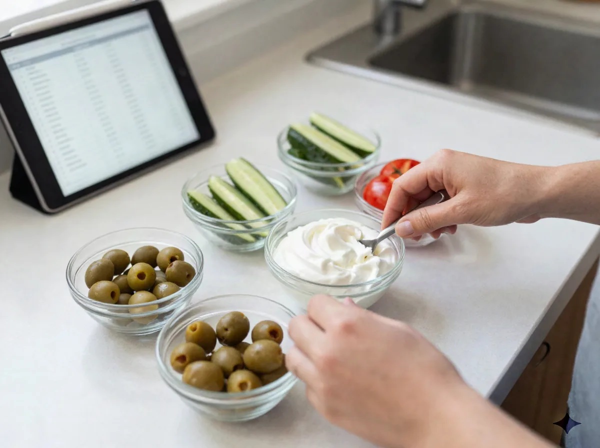 Köksarbetsbänk med uppmätta ingredienser i små skålar bredvid en surfplatta som visar ett suddigt checklista