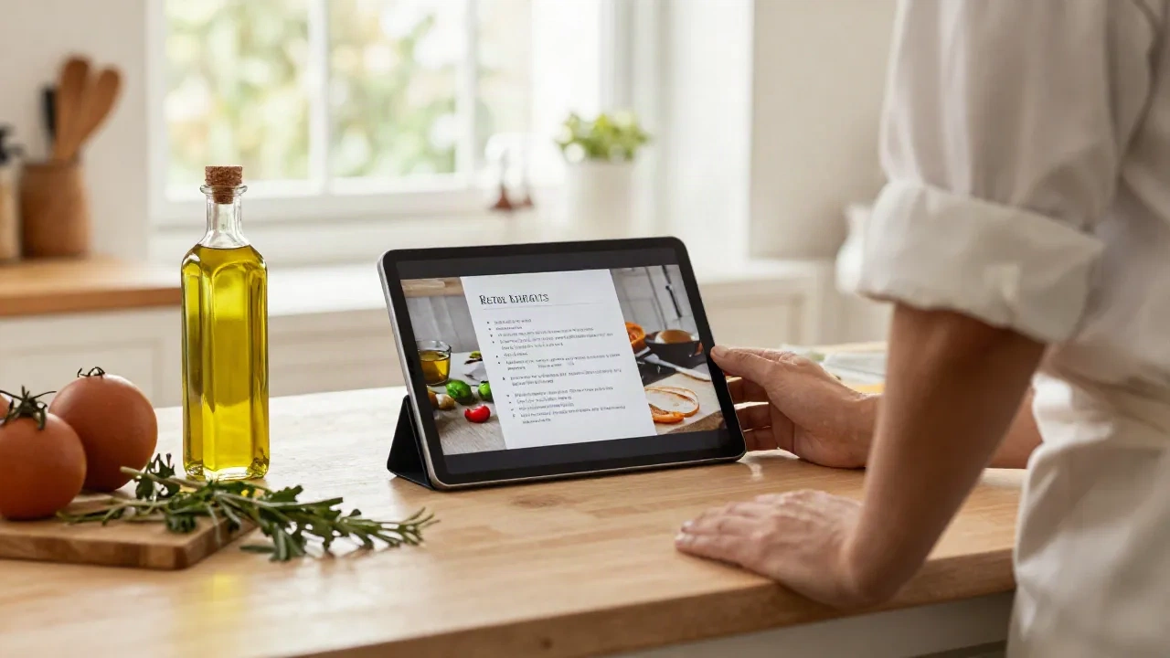 Home cook using AI agent to convert a cooking video into a recipe in a Mediterranean kitchen