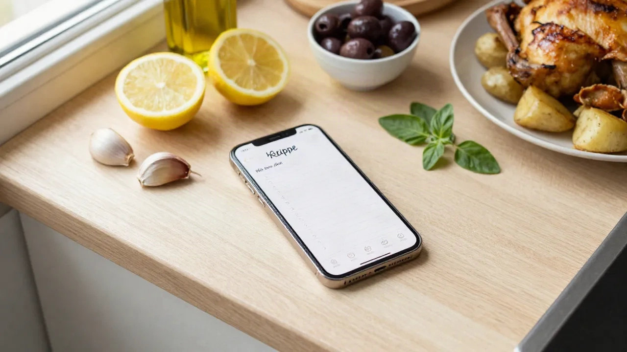 Smartphone-Rezept-Checkliste neben Zitronen, Knoblauch, Oliven und gebratenem mediterranem Huhn auf einer hölzernen Küchentische