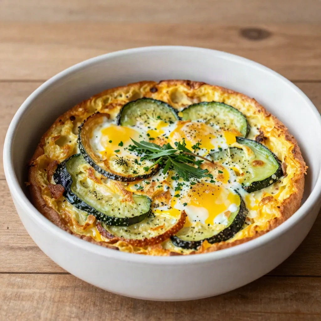 Frittata de legumes rústica em tigela de cerâmica, feita com sobras de ingredientes