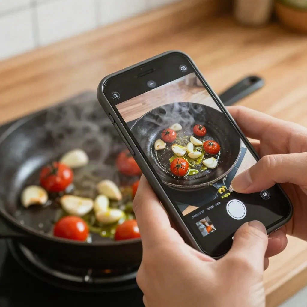 Mains tenant un smartphone filmant de l'ail et des tomates cerises grésillant dans une poêle en fonte