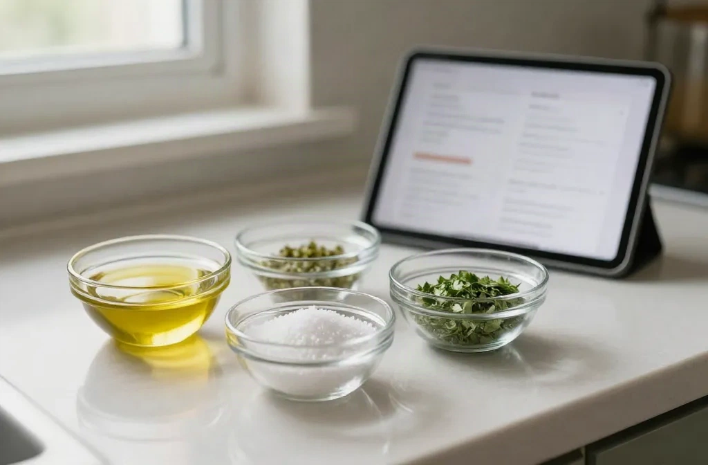 Kitchen counter with small bowls of measured olive oil, salt and herbs next to a tablet showing a blurred recipe app screen