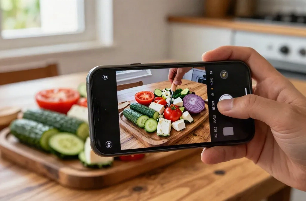 Hand holding a phone recording a Greek horiatiki salad prep with cucumber, tomato, feta and red onion on a wooden table