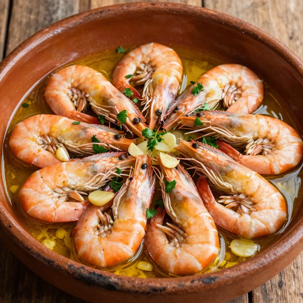 Gambas al Ajillo in einem Tontopf, golden brutzelnde Knoblauchscheiben und frische Petersilie