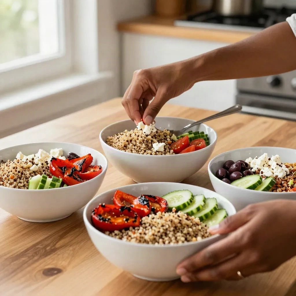 Mani che preparano ciotole di cereali mediterranee con quinoa, verdure e feta