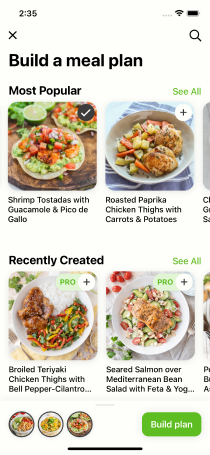 Interface du générateur de plans Mealime montrant la sélection de recettes